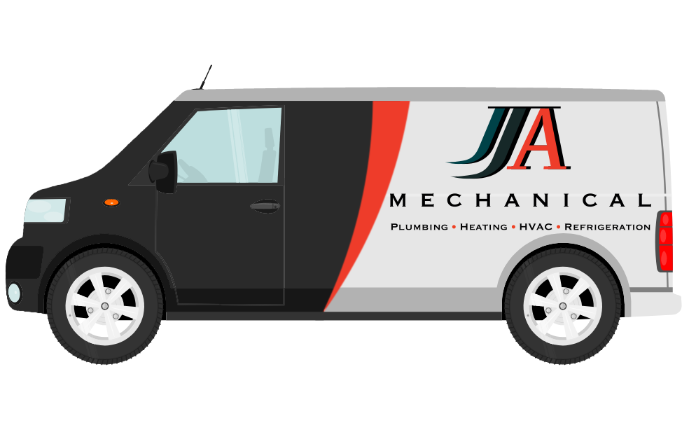 Cartoon version of the plumber in Vancouver JJ&A Mechanical's plumbing & hvac service van.